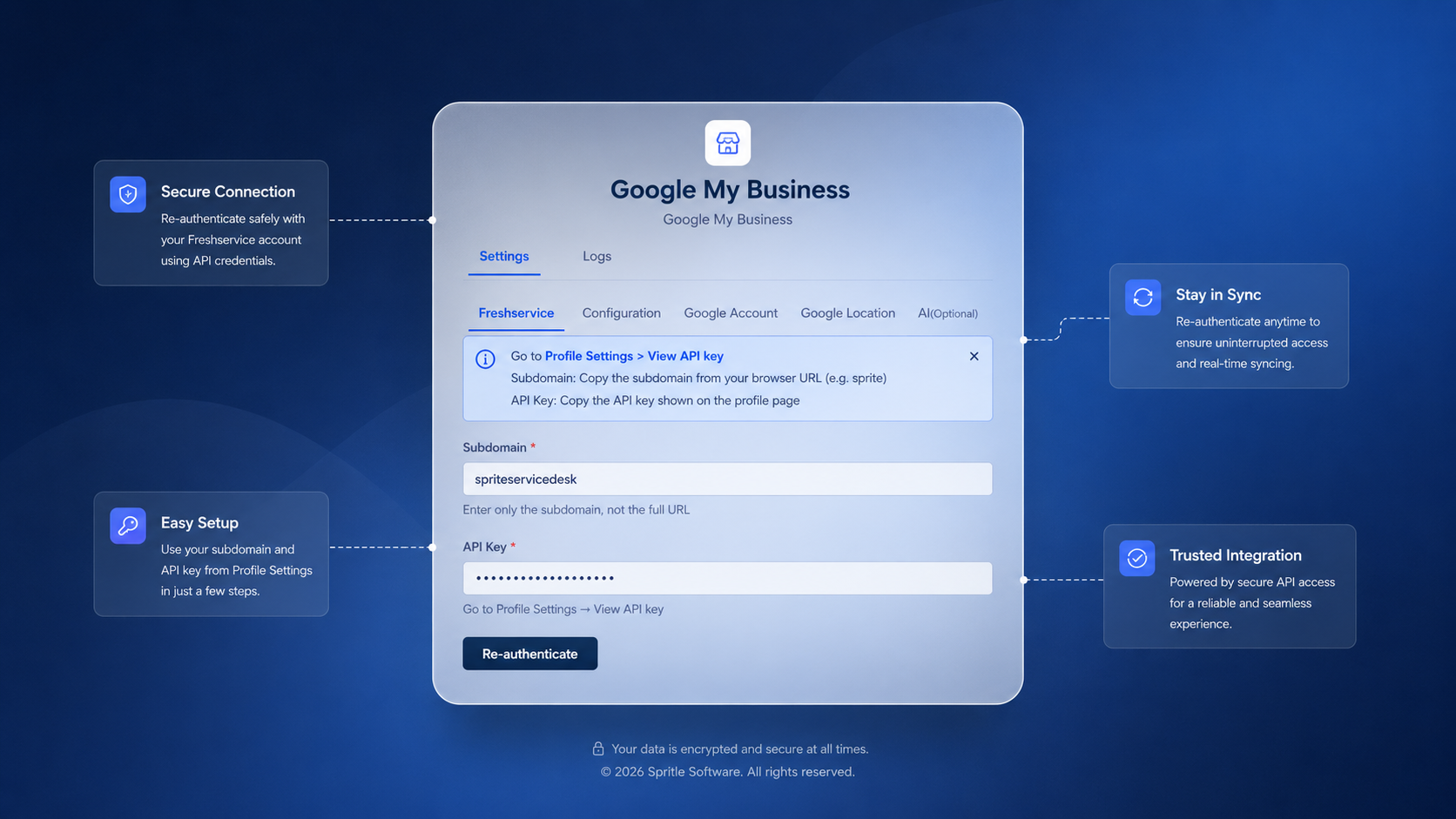Freshservice tab – domain and API key fields