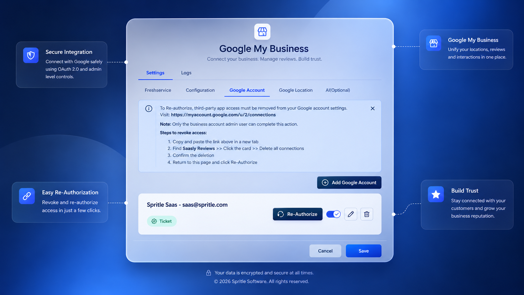 Google Account tab – connect and re-authorise