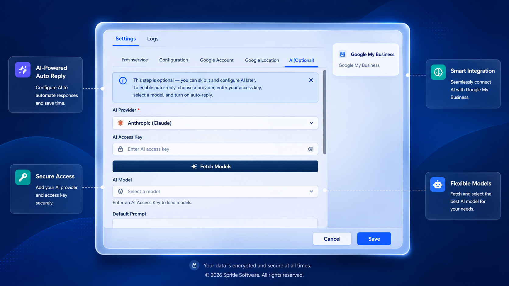 AI tab – provider, access key, and model selection