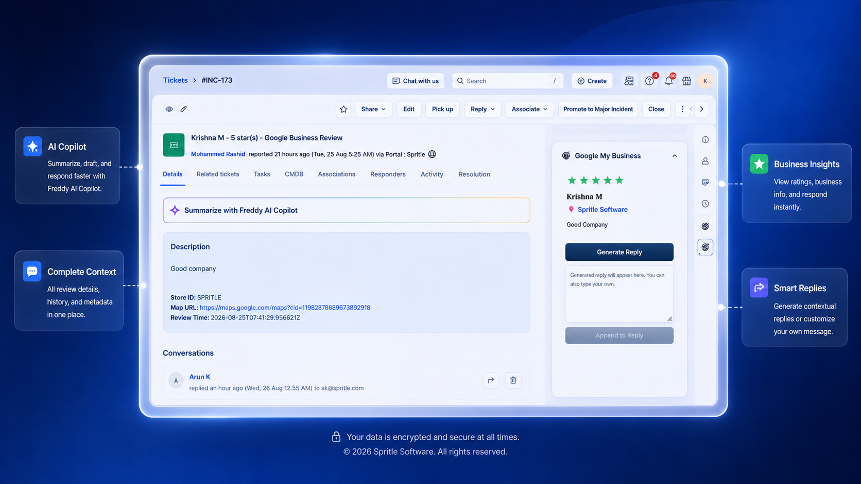 Freshservice ticket with Google review in sidebar